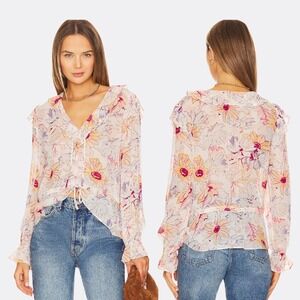 Paige Dorit Floral Ruffle Silk Blouse Cream Multi Size S Long Sleeve V-Neck